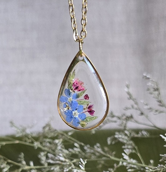 wisiory Złoty wisiorek prawdziwe kwiaty zawieszka łezka łza niezapominajki