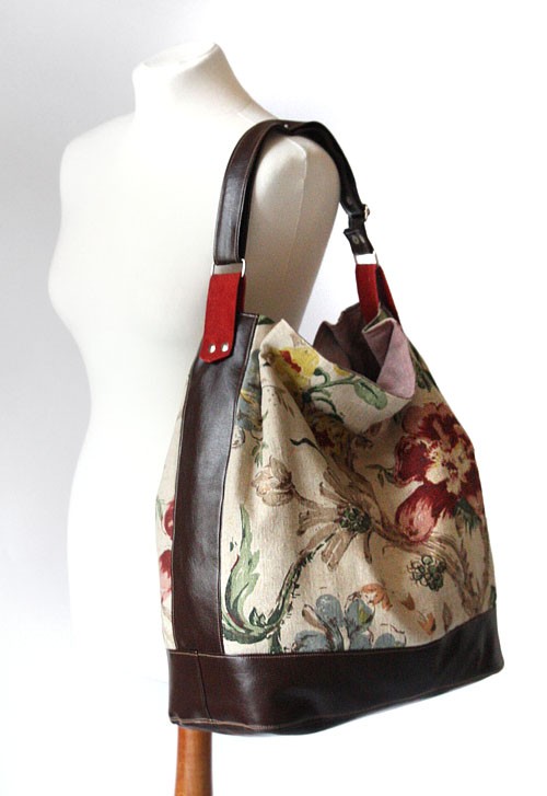 torba - eco leather chocolate& linen flowers - elfagado