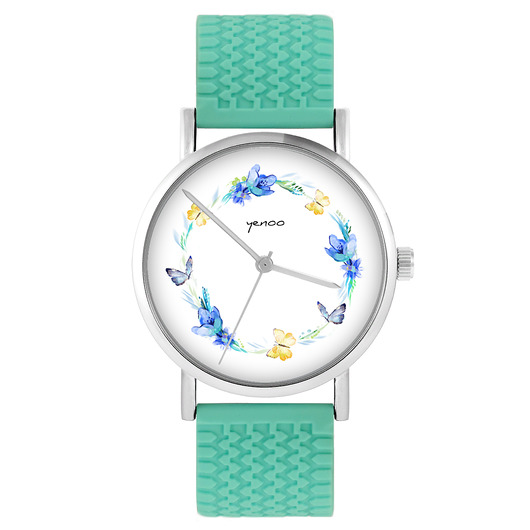 zegarki damskie Zegarek - Wianek, motyle - silikonowy, turkus