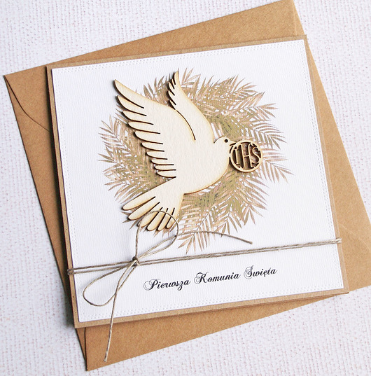 kartki na komunię Kartka z życzeniami : I Komunia Święta : brąz GOŁĄB Ihs