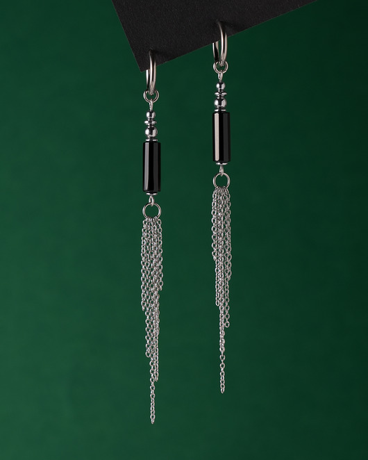 kolczyki z kamieniami Długie srebrne kolczyki z onyksem 2 w 1