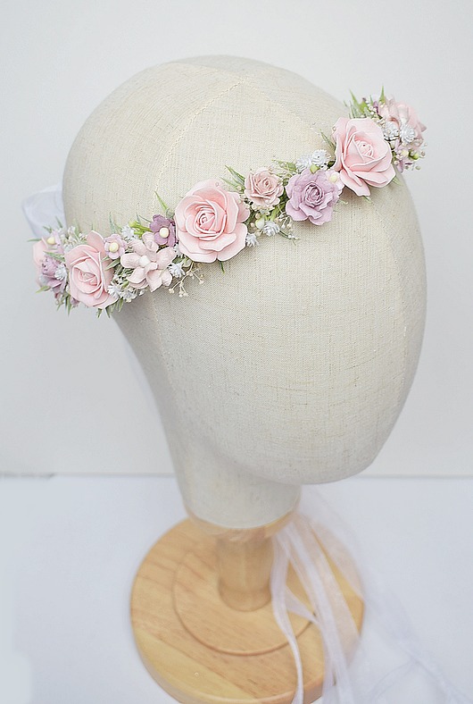 wianki komunijne Delikatny Wianek komunijny jak żywy róż,   fiolet , zieleń,